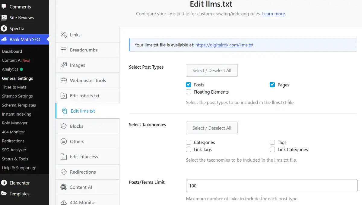 Rank Math llms.txt for WordPress 2025: Why You Need & Set Up 4 llms.txt settings file editor